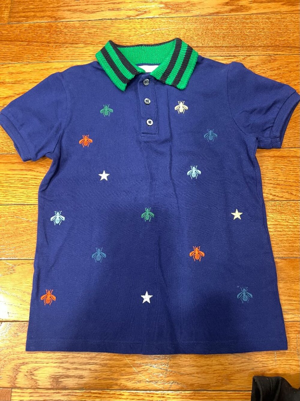 Gucci Kids Polo Shirt Size 6 Navy Green Embroidered Insect Bee Designer Top EUC